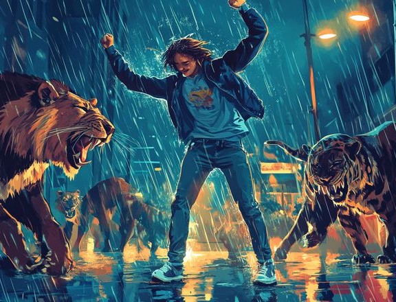 bailando en la lluvia entre leones y tigres