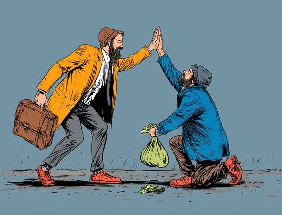 sin techo recibe dinero hombre de negocio