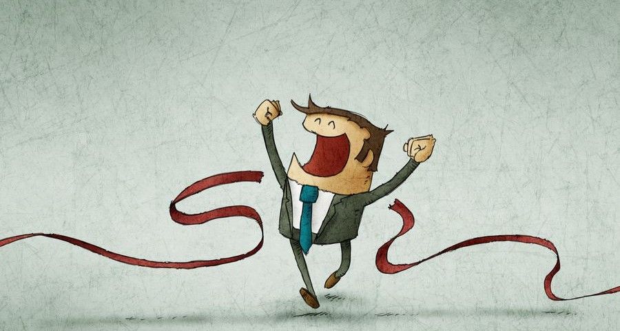 illustration of cheerful businessman crossing the finish line of racing track