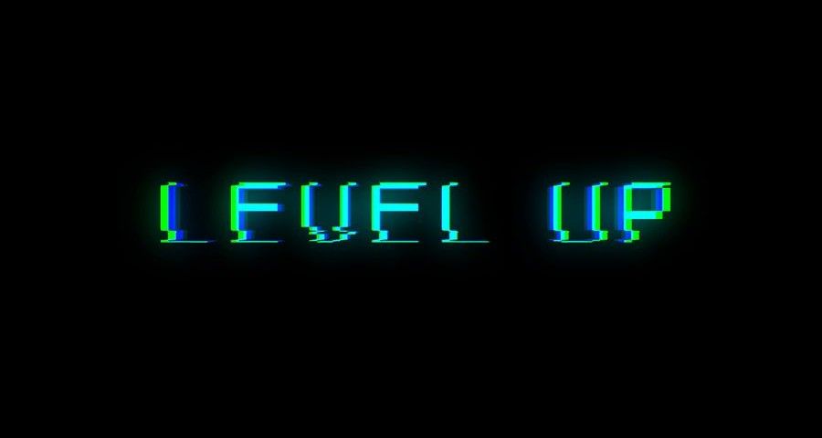Level UP text with bad signal. Glitch effect. 3d rendering