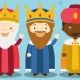 Ilustracin de vector de los Tres Reyes Magos de Oriente para las Navidades. Texto en espaol, con personajes infantiles para nios.