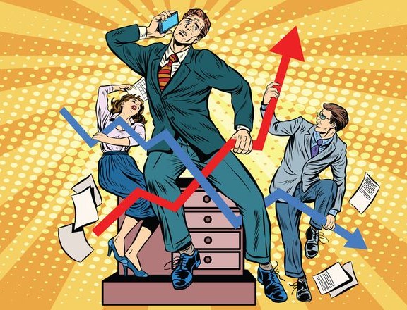 Businessmen and sales schedules pop art retro style. The businessman in the image of Laocoon and his sons. Ancient myths